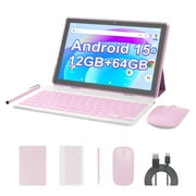 Android 15 Tablet 10 inch, 2 in1 Tablets with Keyboard Case Mouse Stylus, 12GB RAM 64GB ROM 1TB Expand, Quad-Core Processor Tablet PC, 5G WiFi 6, BT5.0, 6000mAh, 1280 x 800 IPS Screen, Pink