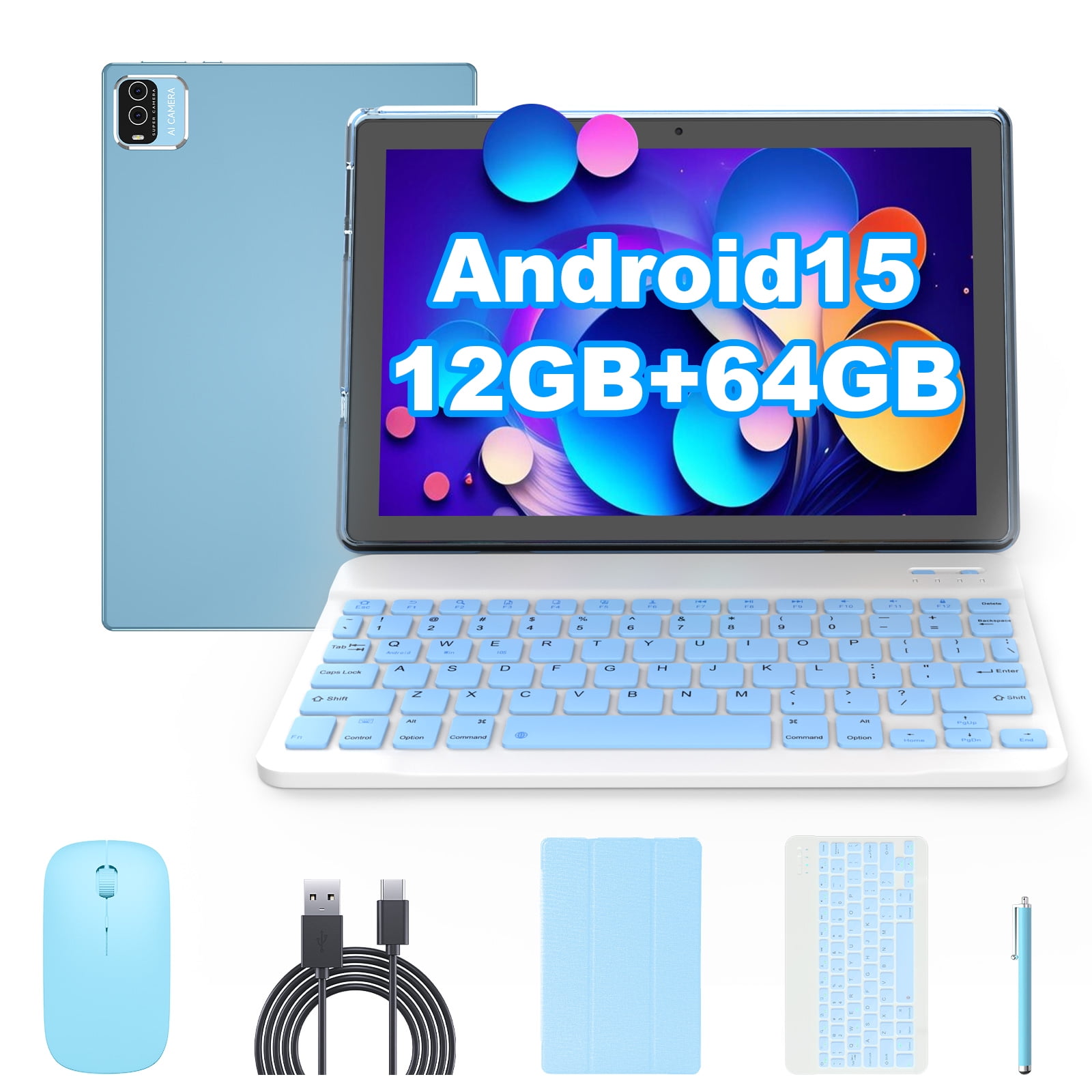 Android 15 Tablet 10 inch, 2 in1 Tablets with Keyboard Case Mouse Stylus, 12GB RAM 64GB ROM 1TB Expand, Quad-Core Processor Tablet PC, 5G WiFi 6, BT5.0, 6000mAh, 1280 x 800 IPS Screen, Blue