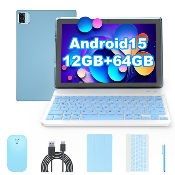Android 15 Tablet 10 inch, 2 in1 Tablets with Keyboard Case Mouse Stylus, 12GB RAM 64GB ROM 1TB Expand, Quad-Core Processor Tablet PC, 5G WiFi 6, BT5.0, 6000mAh, 1280 x 800 IPS Screen, Blue