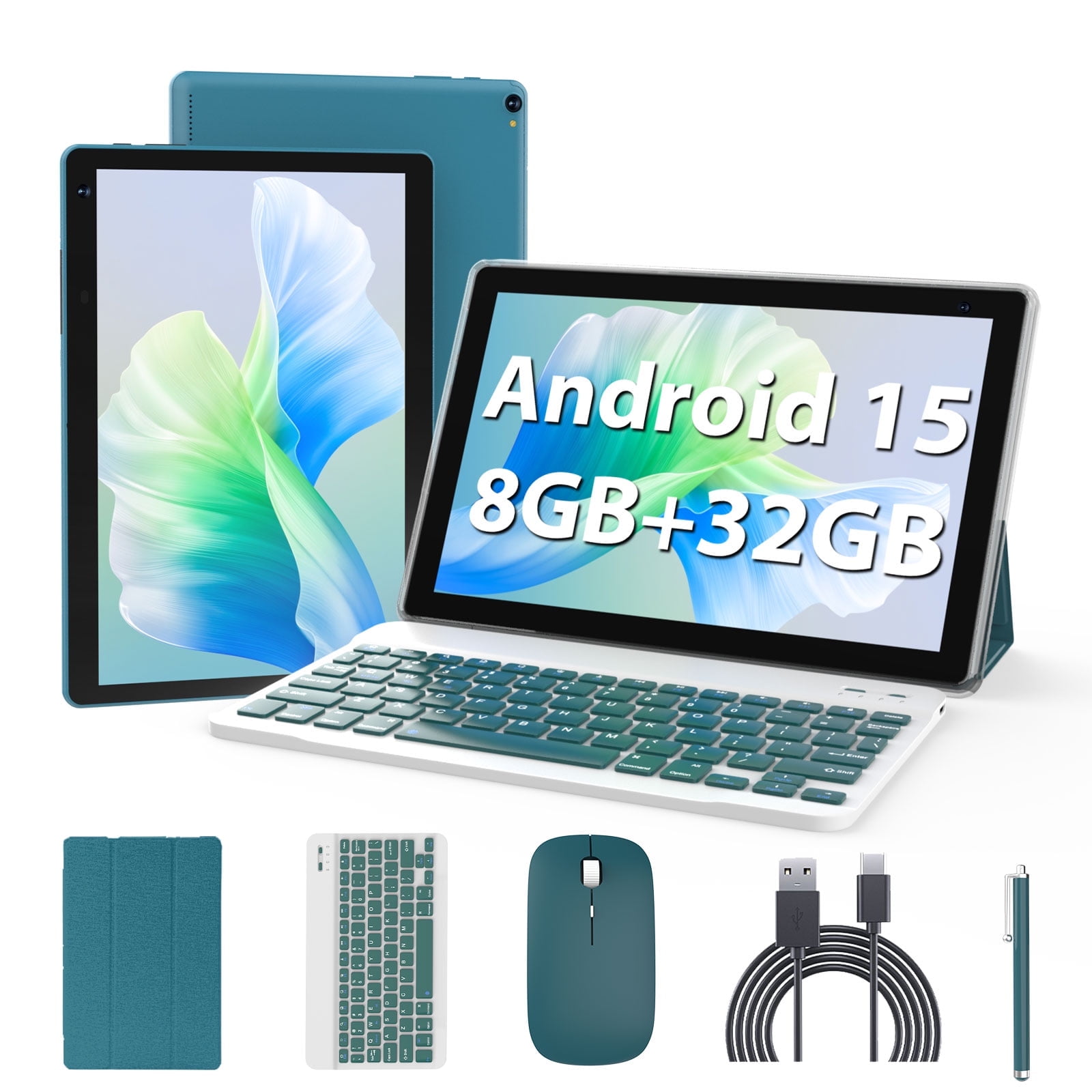 Android 15 Tablet 10 inch, 8GB RAM 32GB ROM Powerful Quad-core CPU, 1280*800 Resolution Screen Tablet, 8MP Camera, 6000mAh Battery Computer, 2 in 1 Tablets with Keyboard, Case, Mouse, Stylus Laptop