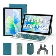 Android 15 Tablet 10 inch, 8GB RAM 32GB ROM Powerful Quad-core CPU, 1280*800 Resolution Screen Tablet, 8MP Camera, 6000mAh Battery Computer, 2 in 1 Tablets with Keyboard, Case, Mouse, Stylus Laptop