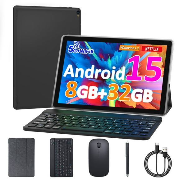 Android 15 Tablet 10 inch, 8GB RAM+32GB ROM Support 1TB Expandable Computer Tablet, 1.8Ghz Quad-Core CPU, HD Screen, BT, WiFi, Long Battery Life, 2 in 1 Tablets with Keyboard Case Mouse Stylus, Black