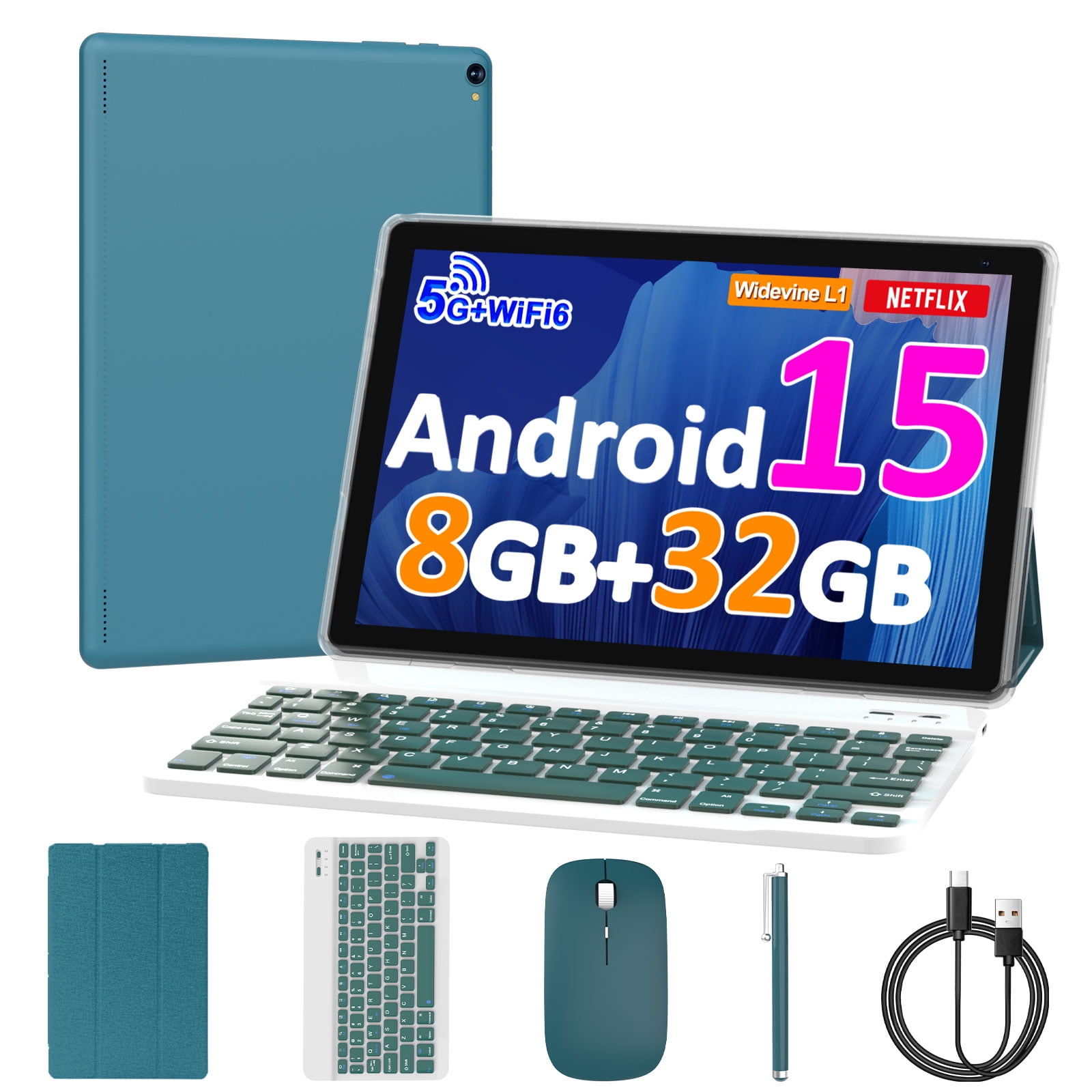 Android 15 Tablet 10 inch, 8GB RAM+32GB ROM Support 1TB Expandable Computer Tablet, 1.8Ghz Quad-Core CPU, HD Screen, BT, WiFi, Long Battery Life, 2 in 1 Tablets with Keyboard Case Mouse Stylus, Blue