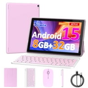 Android 15 Tablet 10 inch, 8GB RAM+32GB ROM Support 1TB Expandable Computer Tablet, 1.8Ghz Quad-Core CPU, HD Screen, BT, WiFi, Long Battery Life, 2 in 1 Tablets with Keyboard Case Mouse Stylus, Pink