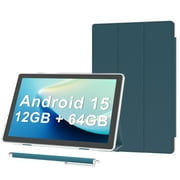 Android 15 Tablet 10 inch Tablets with Case, 12GB RAM + 64GB ROM Expand to 1TB, Quad Core Processor Tablets, 5G WiFi 6, BT5.0, 1280x800 IPS Touch Screen, 6000mAh Battery, 8MP Dual Camera, Navy