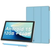 Android 15 Tablet 10 inch Tablets with Case, 12GB RAM + 64GB ROM Expand to 1TB, Quad Core Processor Tablets, 5G WiFi 6, BT5.0, 1280x800 IPS Touch Screen, 6000mAh Battery, 8MP Dual Camera, Blue