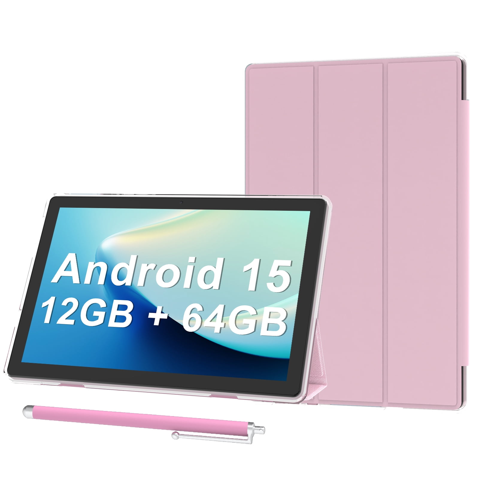 Android 15 Tablet 10 inch Tablets with Case, 12GB RAM + 64GB ROM (Expand to 1TB), Quad Core Processor Tablets, 5G WiFi 6, BT5.0, 1280x800 IPS Touch Screen, 6000mAh Battery, 8MP Dual Camera, Pink