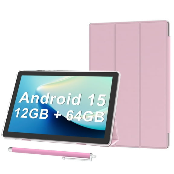 Android 15 Tablet 10 inch Tablets with Case, 12GB RAM + 64GB ROM (Expand to 1TB), Quad Core Processor Tablets, 5G WiFi 6, BT5.0, 1280x800 IPS Touch Screen, 6000mAh Battery, 8MP Dual Camera, Pink