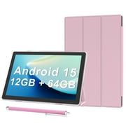 Android 15 Tablet 10 inch Tablets with Case, 12GB RAM + 64GB ROM Expand to 1TB, Quad Core Processor Tablets, 5G WiFi 6, BT5.0, 1280x800 IPS Touch Screen, 6000mAh Battery, 8MP Dual Camera, Pink