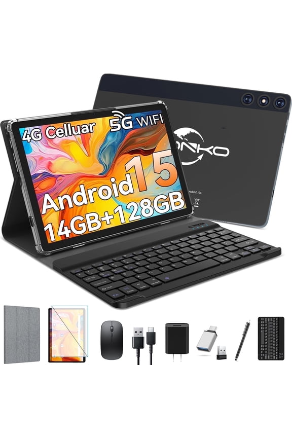 Android 15 Tablet,128GB ROM 14GB RAM,10inch 4G Phone Tablet,5G WiFi+Cellular, Octa-Core, Dual Camera, GPS, BT 5.0,1TB Expand,FHD IPS,Incell Touch Screen,8000mAh, Face Unlock,Tablet with Keyboard