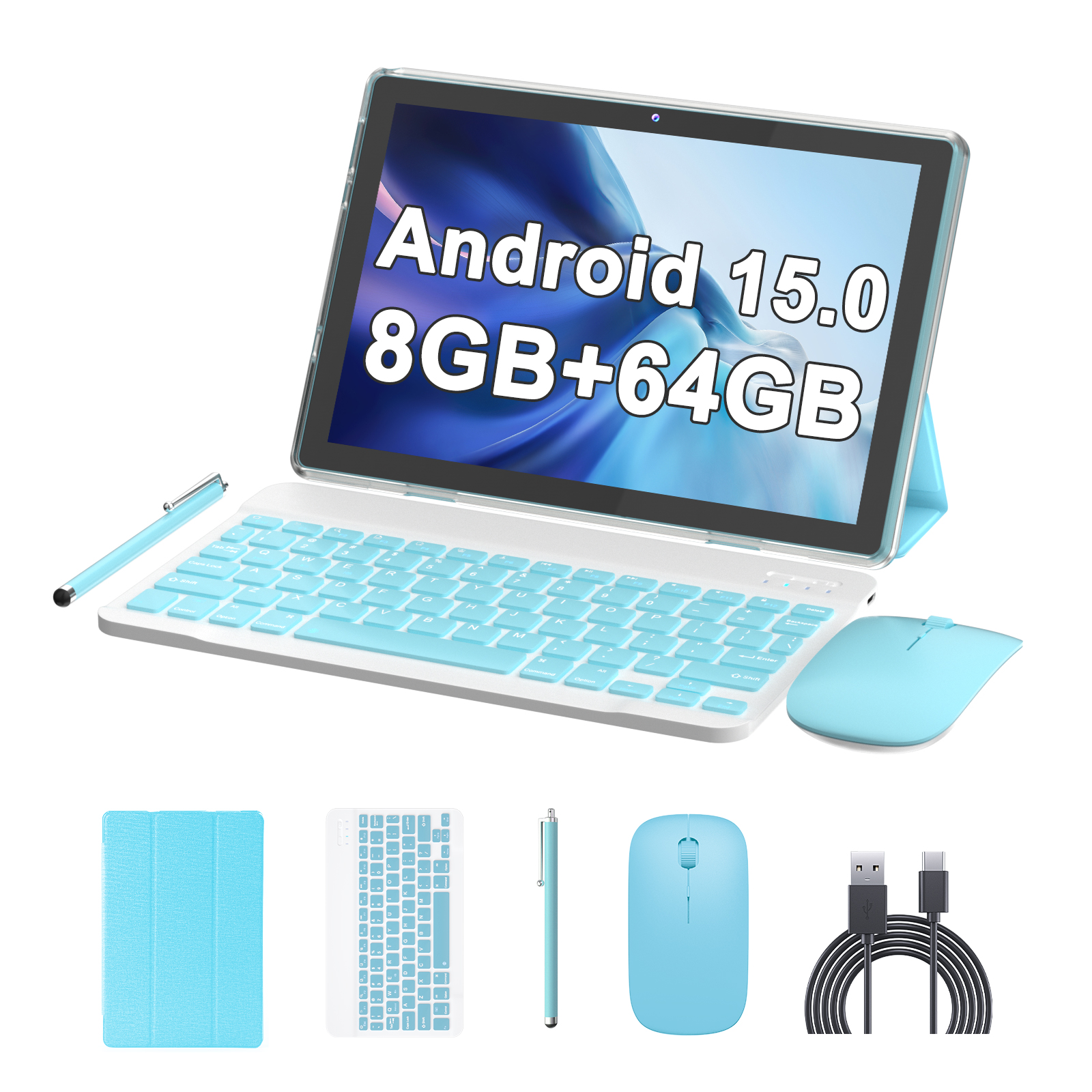 Android 15 Tablet 2 in 1 Tablets 10 Inch Tablet with Keyboard Mouse Case Protective Stylus 10.1" Tab 8GB+64GB Support 1TB Expansion 2MP+8MP Dual Camera 6000mAh Battery Bluetooth WIFI-6, Blue