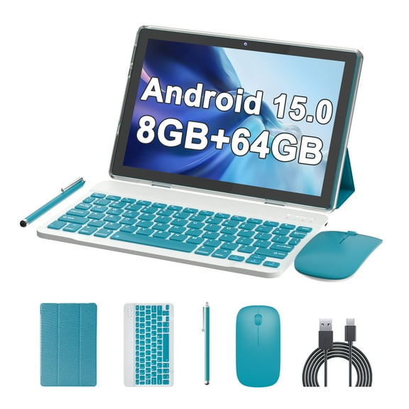 Android 15 Tablet 2 in 1 Tablets 10 Inch Tablet with Keyboard Mouse Case Protective Stylus 10.1" Tab 8GB+64GB Support 1TB Expansion 2MP+8MP Dual Camera 6000mAh Battery Bluetooth WIFI-6, Navy