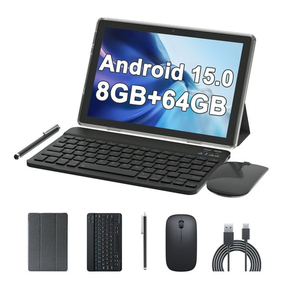 Android 15 Tablet 2 in 1 Tablets 10 Inch Tablet with Keyboard Mouse Case Protective Stylus 10.1" Tab 8GB+64GB Support 1TB Expansion 2MP+8MP Dual Camera 6000mAh Battery Bluetooth WIFI-6, Black