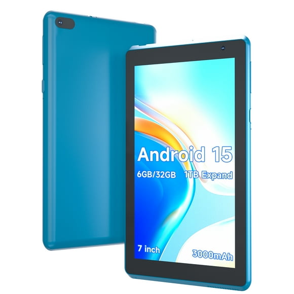 Android 15 Tablet 7 inch Tablets, 6GB RAM 32GB Storage 1TB Expand Quad-Core Processor Tablet PC, 1024 x 600 IPS HD Touch Screen, 2MP+5MP Dual Camera, 3000mAh Battery, WiFi, Bluetooth, GMS, Navy