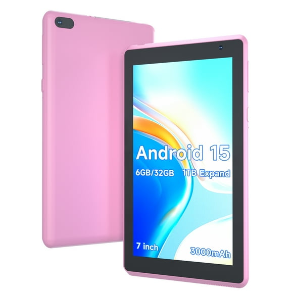 Android 15 Tablet 7 inch Tablets, 6GB RAM 32GB Storage 1TB Expand Quad-Core Processor Tablet PC, 1024 x 600 IPS HD Touch Screen, 2MP+5MP Dual Camera, 3000mAh Battery, WiFi, Bluetooth, GMS, Pink