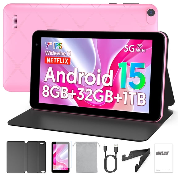 Android 15 Tablet,7 inch Tablets with Case,Penta-Core,3GB+32GB 1TB Expandable Storage,Wi-Fi 6, 5G Dual-Band,3500mAh Battery -Pink