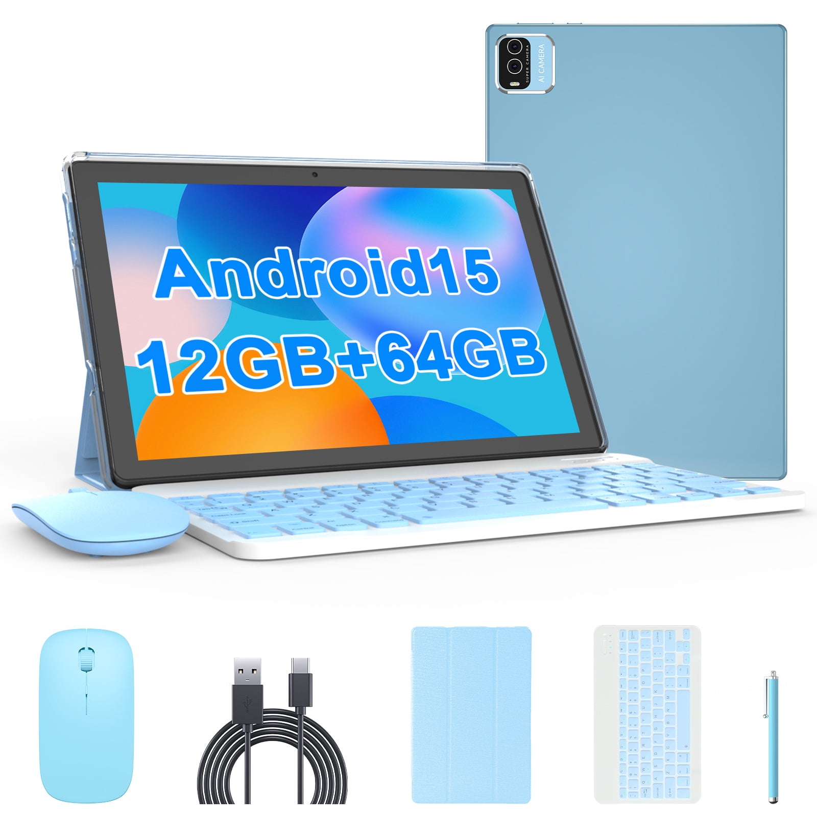 Android 15 Tablet, 10 inch 2 in 1 Tablets with Keyboard, 12GB RAM 64GB ROM 1TB Expand, Quad-Core 2.0Ghz CPU, 5G WiFi 6, BT5.0, 1280x800 HD Touchscreen, 6000mAh, Widevine L1, GMS Tablet, Blue