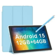 Android 15 Tablet with Case, 10 inch Tablets, 12GB RAM 64GB ROM 1TB Expand, 2.0Ghz Quad-Core Tablet PC, 5G WiFi, Bluetooth 5.0, 6000mAh Battery, 1280x800 FHD Screen, 2MP+8MP Dual Cameras, GMS, Blue