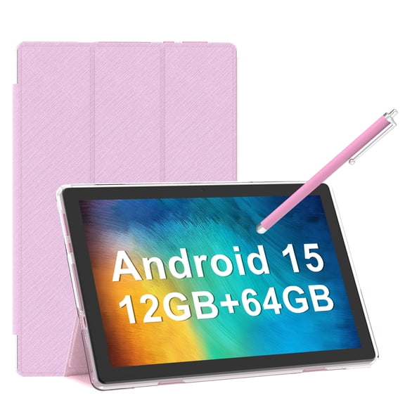 Android 15 Tablet with Case, 10 inch Tablets, 12GB RAM 64GB ROM 1TB Expand, 2.0Ghz Quad-Core Tablet PC, 5G WiFi, Bluetooth 5.0, 6000mAh Battery, 1280x800 FHD Screen, 2MP+8MP Dual Cameras, GMS, Pink