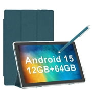 Android 15 Tablet with Case, 10 inch Tablets, 12GB RAM 64GB ROM 1TB Expand, 2.0Ghz Quad-Core Tablet PC, 5G WiFi, Bluetooth 5.0, 6000mAh Battery, 1280x800 FHD Screen, 2MP+8MP Dual Cameras, GMS, Navy