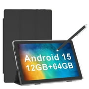 Android 15 Tablet with Case, 10 inch Tablets, 12GB RAM 64GB ROM 1TB Expand, 2.0Ghz Quad-Core Tablet PC, 5G WiFi, Bluetooth 5.0, 6000mAh Battery, 1280x800 FHD Screen, 2MP+8MP Dual Cameras, GMS, Black