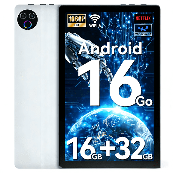 Android 16 10inch 5-Core Tablet,16GB Ram+32GB ROM +1TB Expand,IPS Display, Widevine L1, 5G Wifi, 5MP+8MP Camera, 5000mAh, Bluetooth 2.4,White