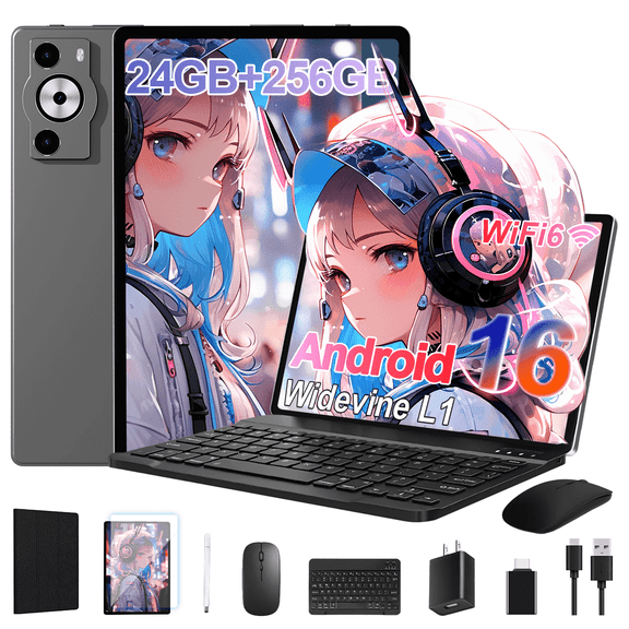 Android 16 Tablet,10.1 inch Tablet, Octa-Core Processor, 24GB RAM 256GB ROM,,1280x800 HD IPS Touch Screen, GPS, 8H Battery, WiFi 6, Dual Camera (Gray)