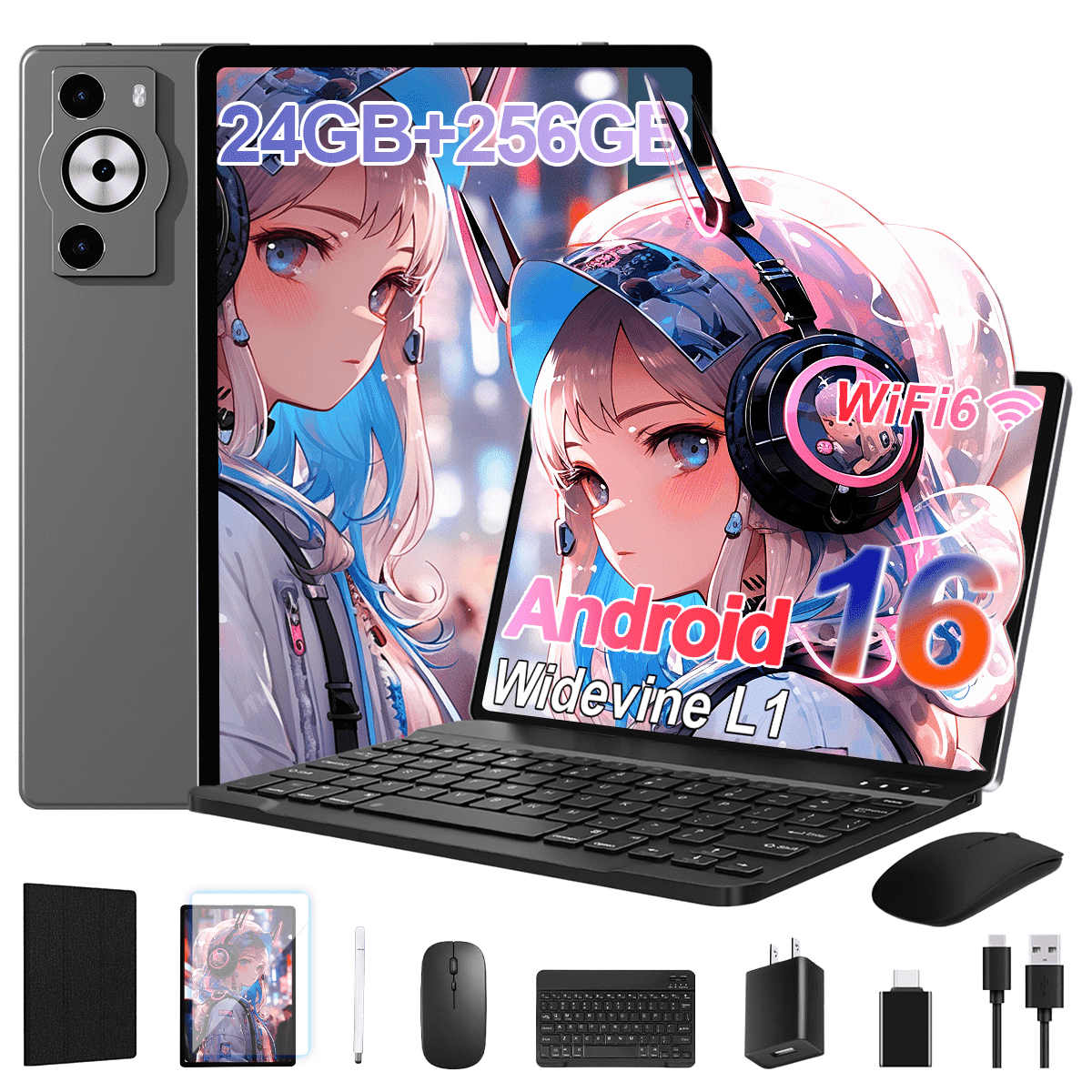 Android 16 Tablet,10.1 inch Tablet, Octa-Core Processor, 24GB RAM 256GB ROM,,1280x800 HD IPS Touch Screen, GPS, 8H Battery, WiFi 6, Dual Camera (Gray)