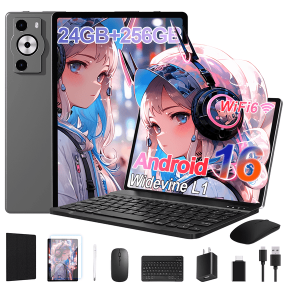 Android 16 Tablet,10.1 inch Tablet, Octa-Core Processor, 24GB RAM 256GB ROM,,1280x800 HD IPS Touch Screen, GPS, 8H Battery, WiFi 6, Dual Camera (Gray)