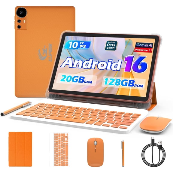 Android 16 Tablet 10 Inch, 20GB RAM+128GB ROM/2TB Expandable, 2.0GHz Octa-core Processor, 1280*800 HD Screen, 5G WiFi6 BT5.0, 2 in 1 Tablets with Keyboard Case Mouse Stylus, Widevine L1 Orange