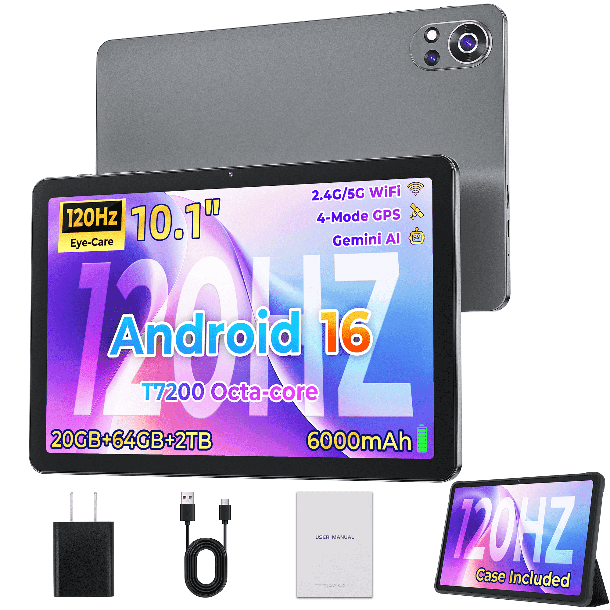 Android 16 Tablet,10 inch IPS 120Hz Display,20GB+64GB+2TB Expand