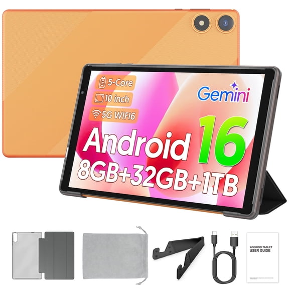 PUTECCH Android 16 Tablet 10 inch Tablets,1280 x 800 IPS, 3GB+32GB (up to 1TB),Penta-core,5G WiFi 6,6000mAh,with Case & Stand & Storage Bag - Orange