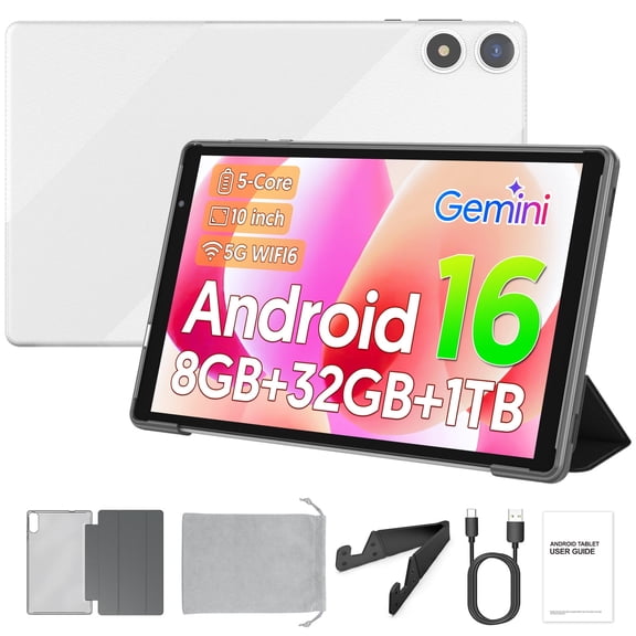 PUTECCH Android 16 Tablet 10 inch Tablets,1280 x 800 IPS, 3GB+32GB (up to 1TB),Penta-core,5G WiFi 6,6000mAh,with Case & Stand & Storage Bag - White
