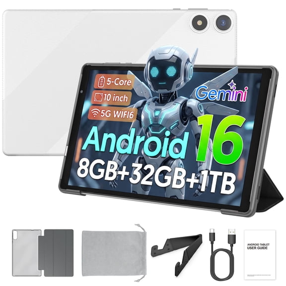 PUTECCH Android 16 Tablet 10 inch Tablets,1280 x 800 IPS, 3GB+32GB (up to 1TB),Penta-core,5G WiFi 6,6000mAh,with Case & Stand & Storage Bag - White