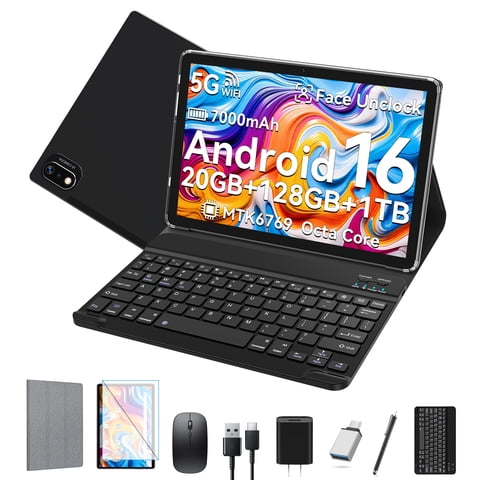 Android 16 Tablet,10inch Tablet with 128GB ROM 20GB RAM,5G WiFi,8-Core MTK6769,GPS,Face Unlock,2 in 1 Tableta with Keyboard,School Tablets