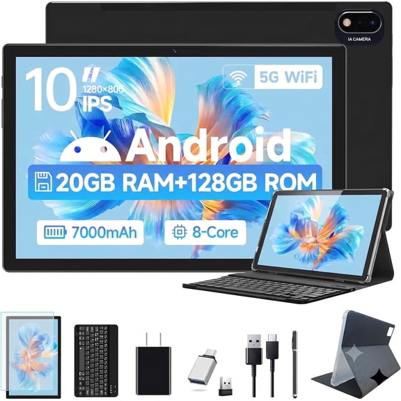 Android 16 Tablet,10inch Tablet with 128GB ROM 20GB RAM 1TB Expand,5G WiFi, Octa-Core MTK6769, Gemini AI,7000mAh Battery, GMS, GPS, Face Unblocked, 2 in 1 Tablets with Keyboard,Drawing & art tablets