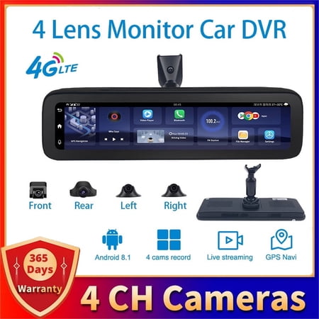 Android 4 Lens 360° 11.25" Mirror Cameras 2GB+32GB Dash Cam 4G HD 1080P Auto Camera GPS WIFI ADAS Car DVR With Rear View