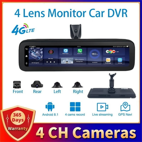 Android 4 Lens 360 11.25" Mirror Cameras 2GB+32GB Dash Cam 4G HD 1080P Auto Camera GPS WIFI ADAS Car DVR With Rear View
