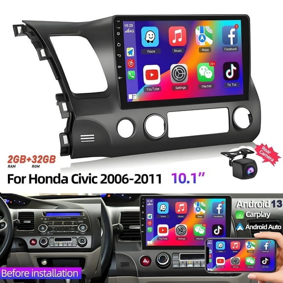 Android Car Radio for Honda Civic 2006-2011 with Wireless Apple Carplay and Android Auto, 10 Inch Capacitive Touchscreen Stereo 1080P GPS WiFi Hi-Fi + AHD Backup Camera + MIC