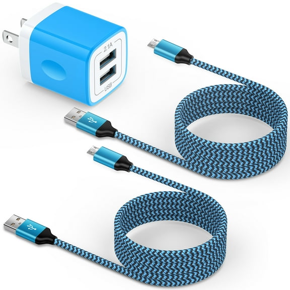Android Charger Micro Usb Cable 6ft,HopePow Dual Usb Port USB Wall Charger Adapter Plug with 2PCS Micro Cables 6ft High Speed Fast Charging Nylon Braided Micro USB Cable and Charger,Blue