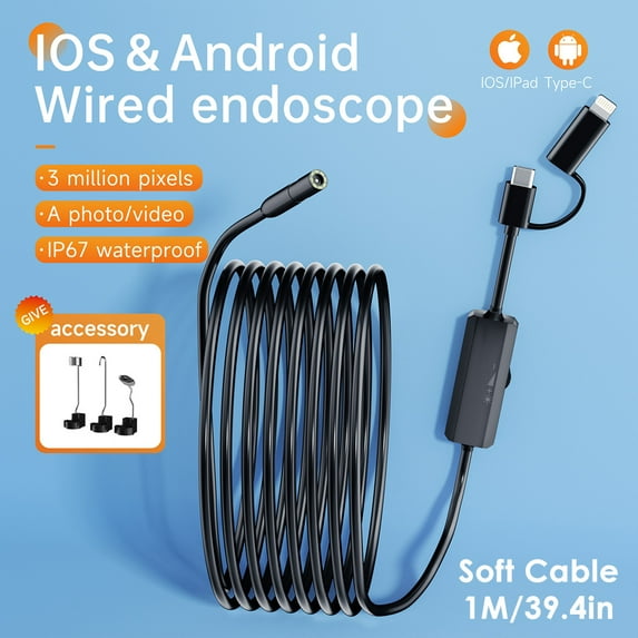 Android Endoscope Inspection Camera 2 in 1 IOS Type-C Mini Inspection Camera for IOS for IPHONE Waterproof Pipeline Borescope (Soft Cable 1M)