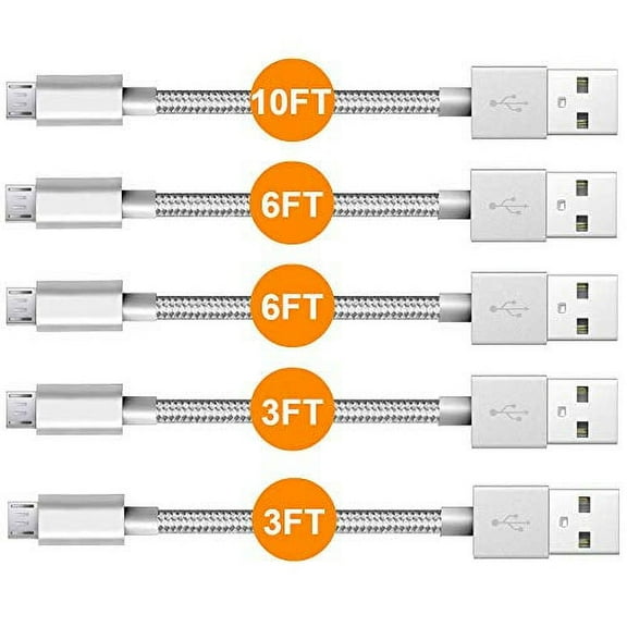 Android Micro USB Charger, 5-Pack Nylon Braided Tangle-Free Fast Charging &Data Transfer Wire (10FT + 6FT + 3X 3FT)