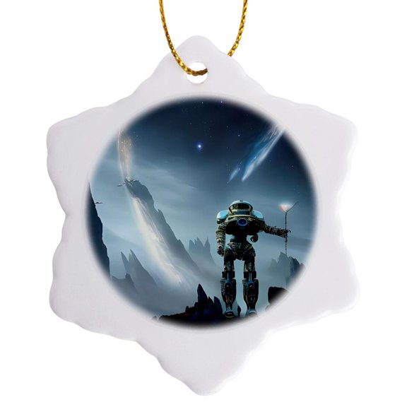 3drose, Android Robot Stand on a Newly Discovered Planet. Fantasy Space Art, 3 inch Snowflake Porcelain Ornament