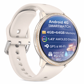 Android Smart Watch for Women, 1.6" AMOLED Display, 4GB+64GB, Rotating Camera, App Download, Gold Silicone Strap