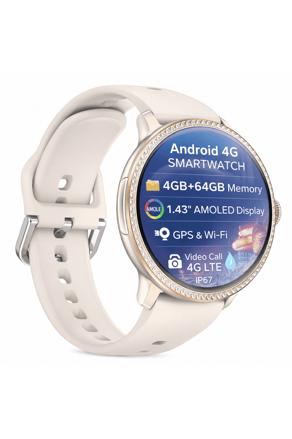 Android Smart Watch for Women, 1.6" AMOLED Display, 4GB+64GB, Rotating Camera, App Download, Gold Silicone Strap