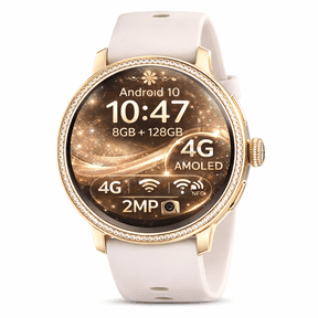 Android Smart Watch for Women, 1.6" AMOLED Display, 8GB+128GB, Rotating Camera, App Download, Gold Silicone Strap