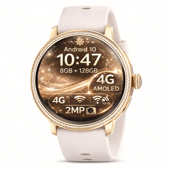 Android Smart Watch for Women, 1.6" AMOLED Display, 8GB+128GB, Rotating Camera, App Download, Gold Silicone Strap