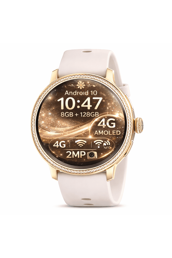 Android Smart Watch for Women, 1.6" AMOLED Display, 8GB+128GB, Rotating Camera, App Download, Gold Silicone Strap