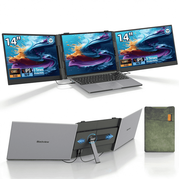 Blackview DCM6 Triple Laptop Screen Extender,14" 1080P FHD IPS Portable External Screen,Two Cable USB C Travel for 13-17'' Laptop,Plug & Play Compatible with Windows/Mac/Chrome OS and Mobile Devices