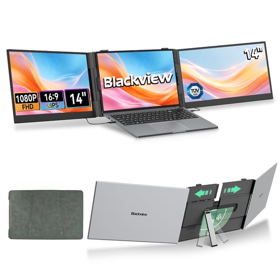 Blackview Triple Laptop Screen Extender, 14" 1080P FHD IPS Dual‑Display, 2.2 lbs Ultra‑Light, TÜV Low‑Blue‑Light & Built‑in Speaker, Plug‑and‑Play for 13.3‑17.3" Laptops, Works with Windows, Mac